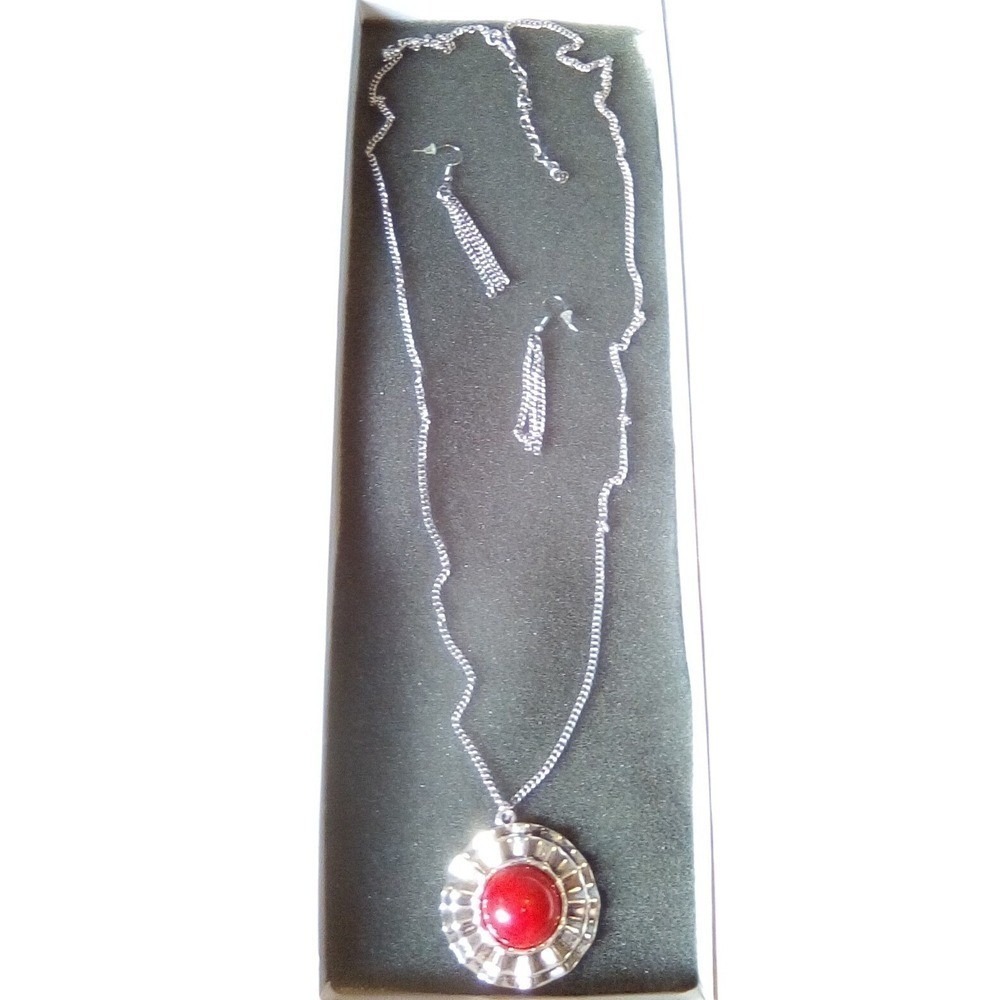 Silver Tone Necklace & Drop Earrings Set with Red Stone Fashion Jewelry gift box
